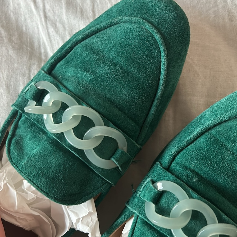 J Crew green suede leather loafers